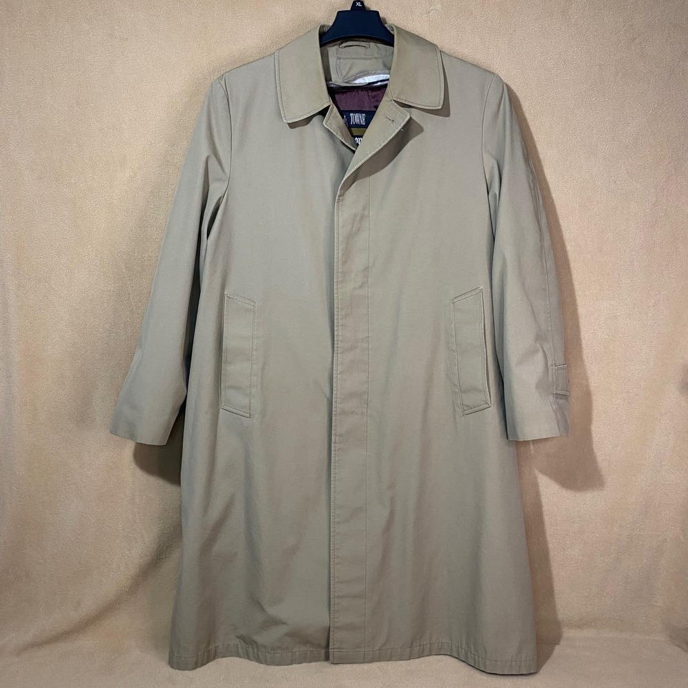 London Fog Towne Trench Coat Mens Sz 42 Tan Faux Fur Zip Out‎ Liner Overcoat EUC